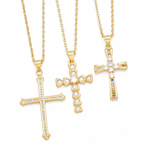 INS Style Cross Copper Plating Inlay Zircon 18K Gold Plated Pendant Necklace