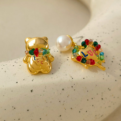 1 Pair Fashion Bear Copper Inlay Rhinestones Earrings