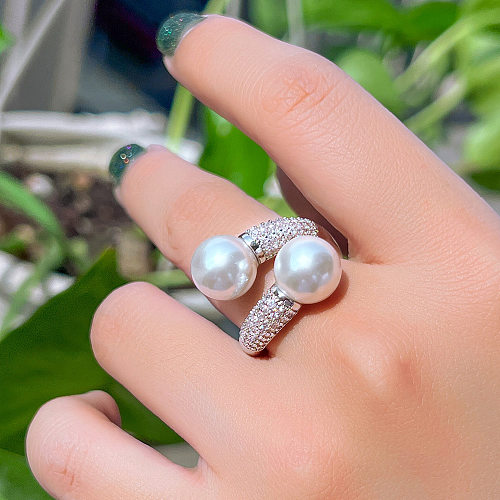 Sweet Geometric Copper Plating Inlay Artificial Pearls 14K Gold Plated White Gold Plated Rhodium Plated Open Rings