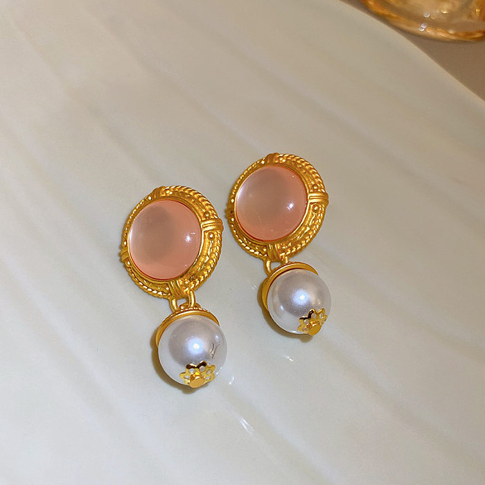 1 Pair Glam Retro Water Droplets Inlay Copper Artificial Pearls Resin Drop Earrings