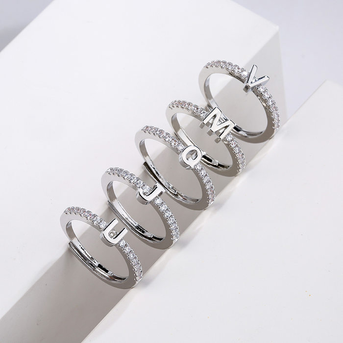 Anel de letras de zircão micro-incrustado 26 letras em inglês abrindo anel ajustável
