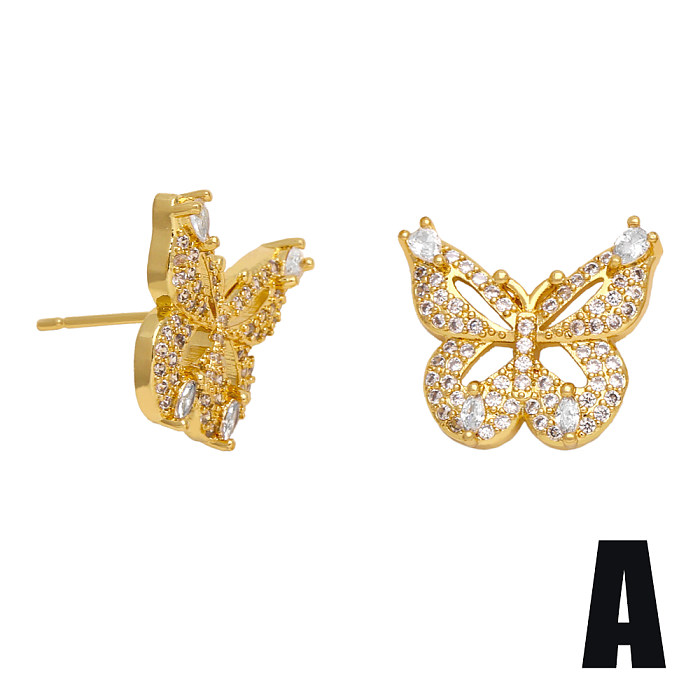 1 Paar einfache Streetwear-Ohrstecker mit Schmetterlingsbeschichtung, Inlay, Kupfer, Zirkon, 18 Karat vergoldet