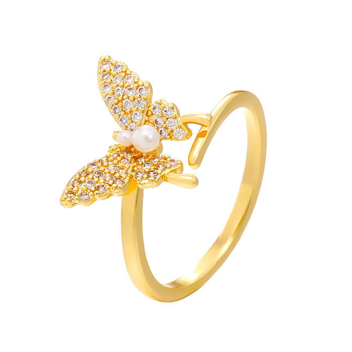 Estilo simples estilo clássico borboleta chapeamento de cobre embutimento zircão anel aberto banhado a ouro 14K