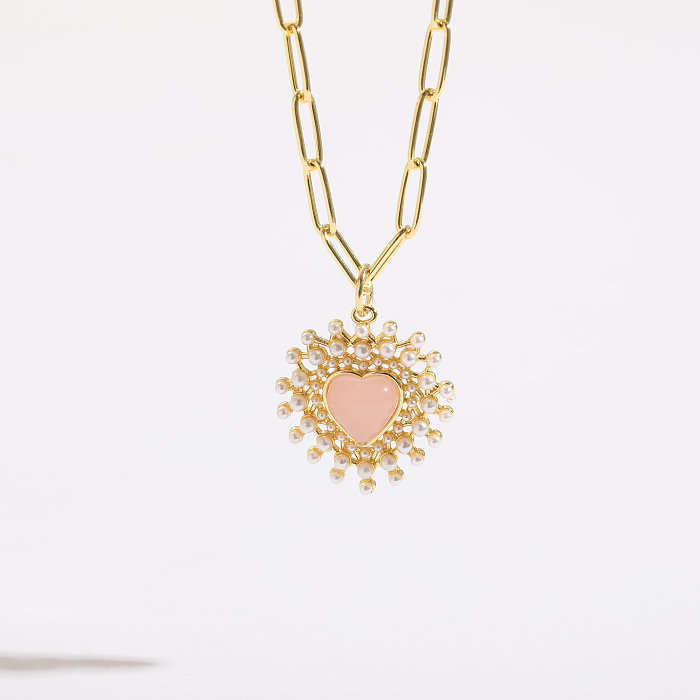 1 Piece Fashion Round Heart Shape Copper Plating Inlay Freshwater Pearl Glass Pendant Necklace