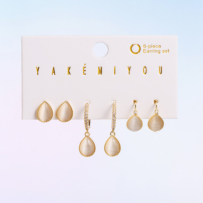Sweet Round Water Droplets Heart Shape Copper Three-dimensional Opal 14K Gold Plated Earrings