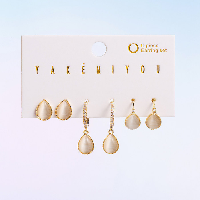 Sweet Round Water Droplets Heart Shape Copper Three-dimensional Opal 14K Gold Plated Earrings