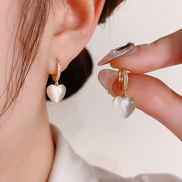 1 Pair Casual Simple Style Heart Shape Plating Inlay Copper Opal Zircon Drop Earrings