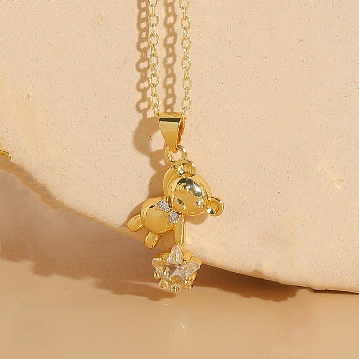 Elegant Luxurious Classic Style Animal Bear Copper 14K Gold Plated Zircon Pendant Necklace In Bulk