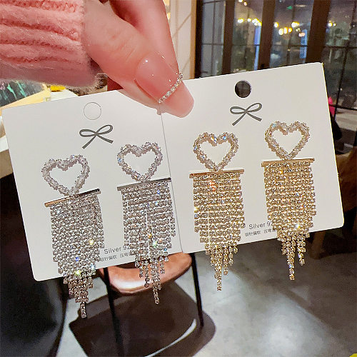 1 Pair Elegant Luxurious Lady Heart Shape Copper Inlay Artificial Rhinestones Drop Earrings