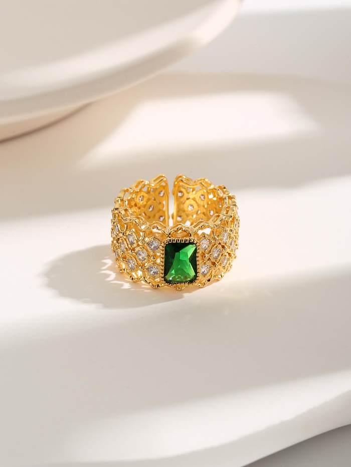 Luxurious French Style Leaves Water Droplets Copper Plating Ruched Inlay Zircon 18K Gold Plated Open Rings