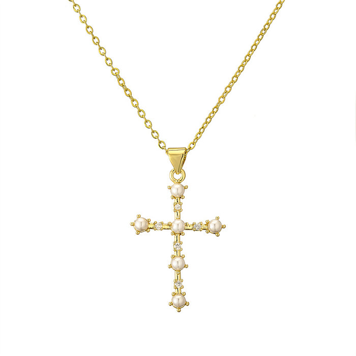 Modern Style Cross Letter Devil'S Eye Copper Plating Inlay Pearl Zircon Gold Plated Pendant Necklace