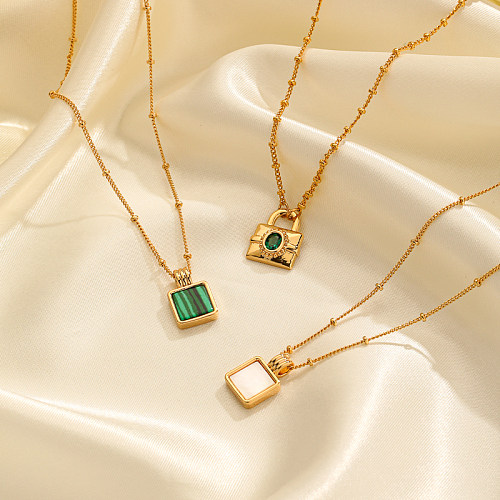 Retro Commute Square Lock Copper Plating Inlay Shell Zircon 18K Gold Plated Pendant Necklace