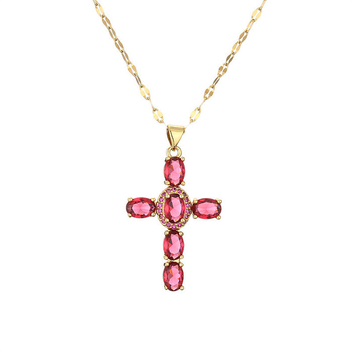 Vintage Style Cross Copper Plating Inlay Zircon Pendant Necklace