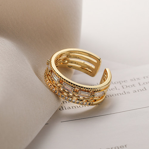 Simple Style Commute Cross Copper Plating Inlay Zircon 18K Gold Plated Open Rings