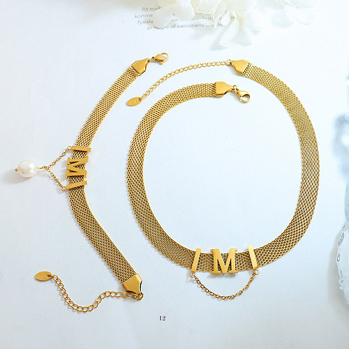 1 Stück französischer Stil Buchstaben-Armband-Halskette aus Titanstahl mit Perlenbeschichtung
