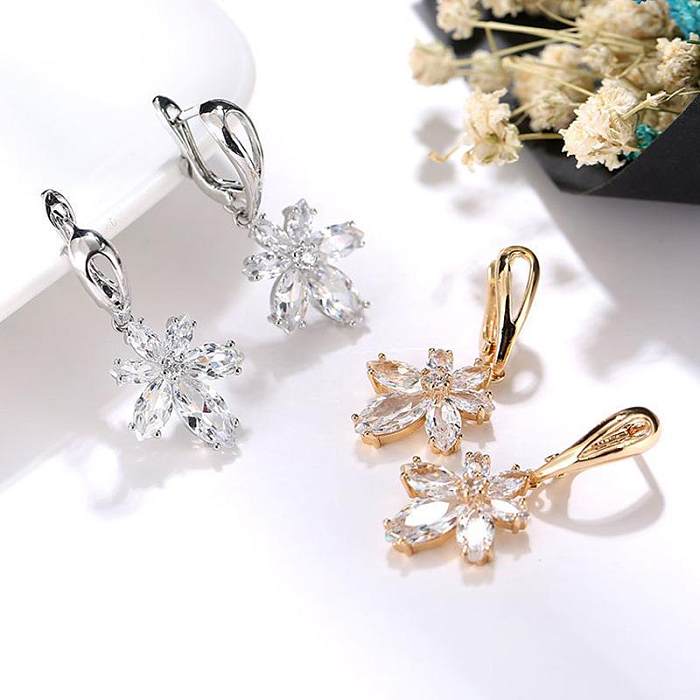 1 Pair Basic Classic Style Flower Snowflake Inlay Copper Zircon Drop Earrings