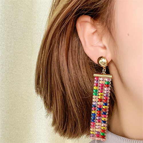 1 Paar glamouröse, glänzende, runde, rechteckige, vergoldete Ohrhänger mit Inlay aus Kupfer, Zirkon, Weißgold