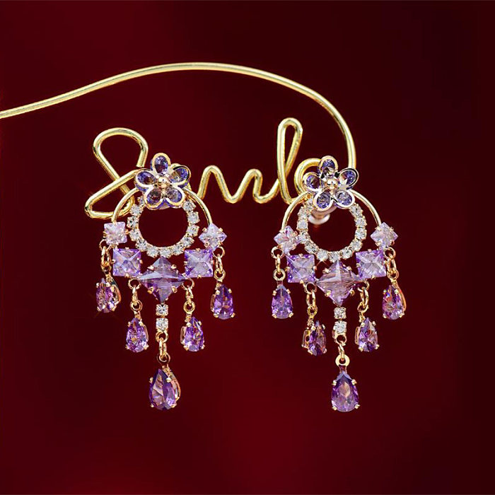 1 Paar elegante, glamouröse Tropfen-Ohrringe mit Wassertropfen, Quaste, Blumenbeschichtung, Kupfer-Zirkon-Intarsien, 14 Karat vergoldet