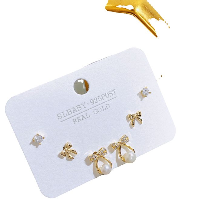 Simple Style Letter Flower Copper Plating Zircon Ear Studs 1 Set