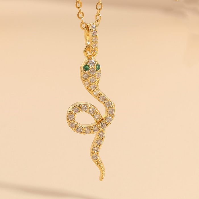 Artistic Snake Copper Plating Inlay Zircon 14K Gold Plated Pendant Necklace