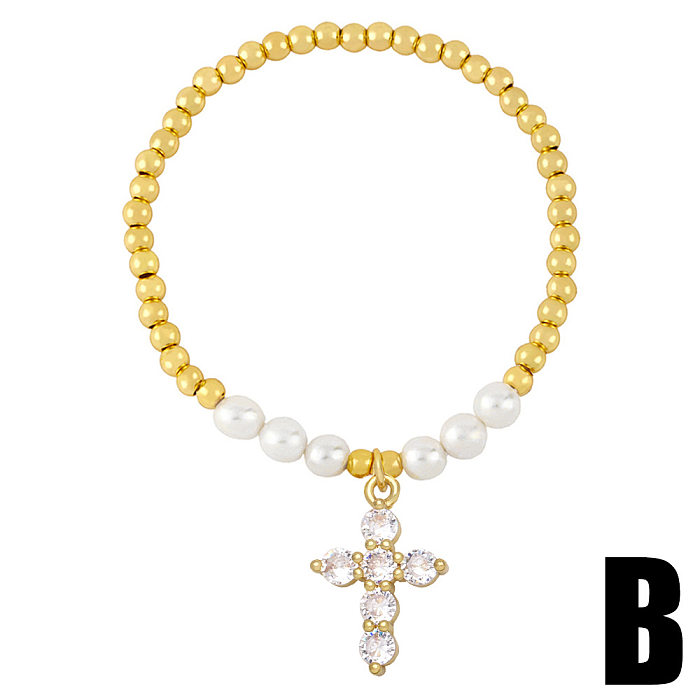 Freshwater Pearl Retro Cross Virgin Pendant Zircon Copper Bracelet