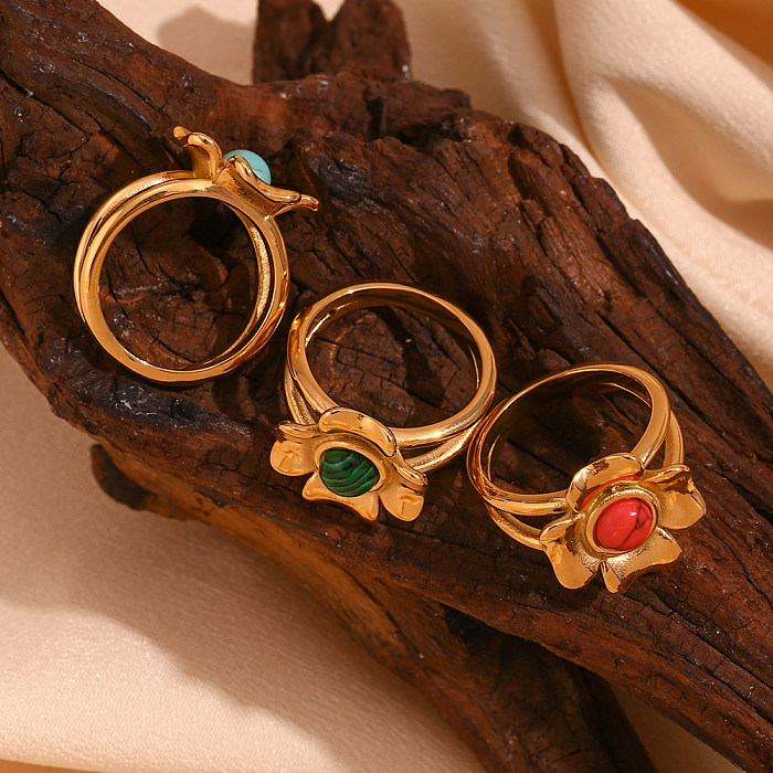 Basic Vintage Style Classic Style Flower Stainless Steel Plating Inlay Turquoise 18K Gold Plated Rings
