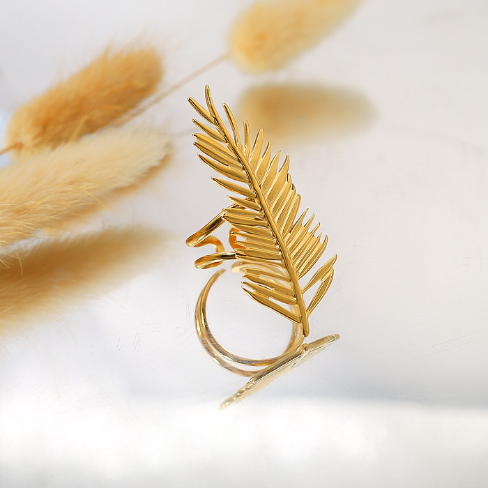 IG Style Vacation French Style Feather Stainless Steel Titanium Steel Plating 18K Gold Plated Open Rings