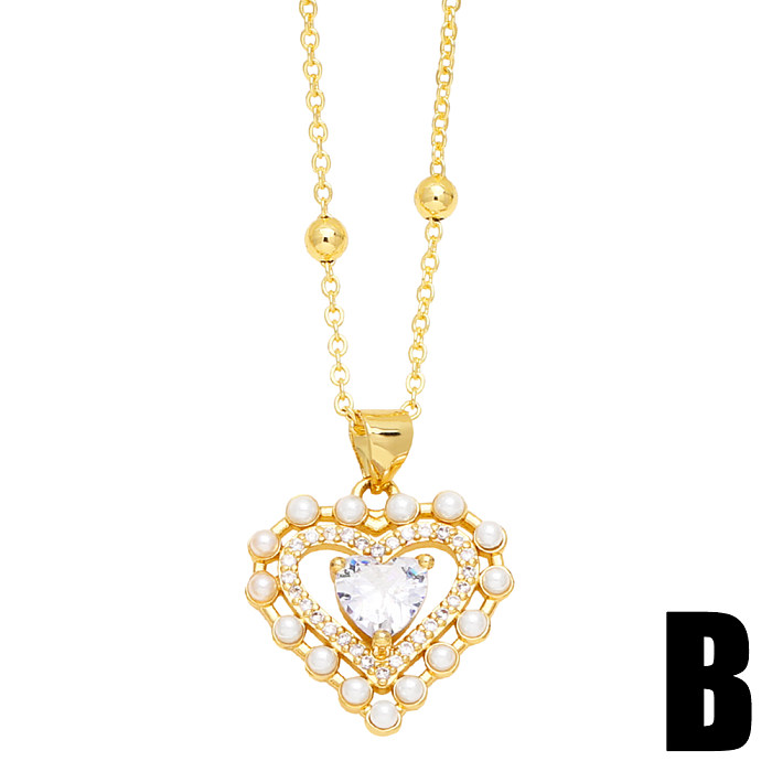 Elegant Lady Simple Style Heart Shape Copper 18K Gold Plated Beads Zircon Pendant Necklace In Bulk