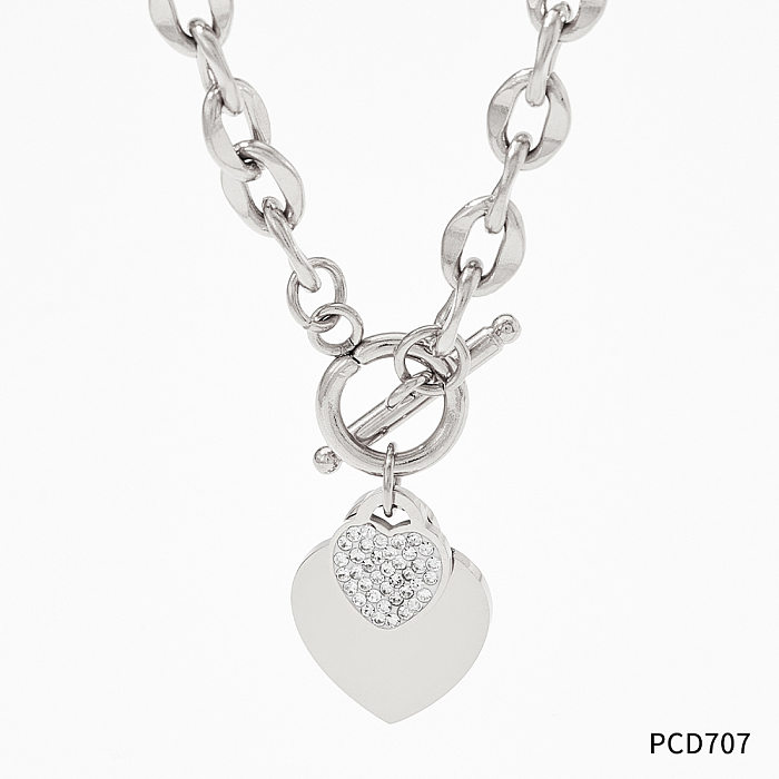 Moda coração forma aço inoxidável titânio chapeamento inlay zircão pulseiras brincos colar