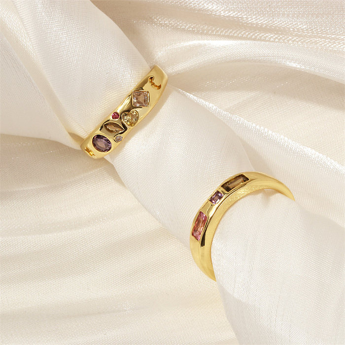 IG Style Simple Style Round Moon Heart Shape Copper Plating Inlay Zircon 18K Gold Plated Open Rings