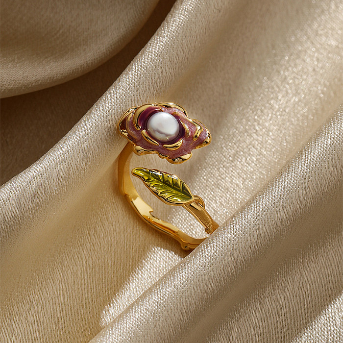 Fairy Style Retro Leaf Flower Copper Enamel Plating Inlay Artificial Pearls 18K Gold Plated Open Rings