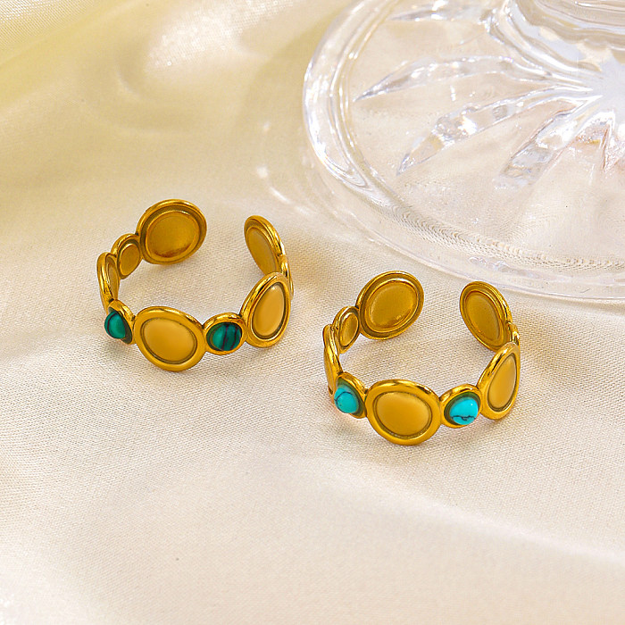 Hip-Hop Round Stainless Steel Plating Inlay Natural Stone Turquoise 18K Gold Plated Open Rings