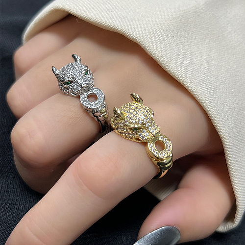 Exaggerated Cool Style Leopard Copper Plating Inlay Zircon Silver Plated Open Ring