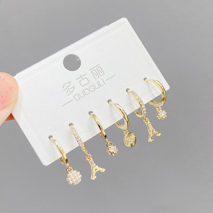 Fashion Eiffel Tower Copper Drop Earrings Asymmetrical Inlay Pearl Zircon Copper Earrings 3 Pairs