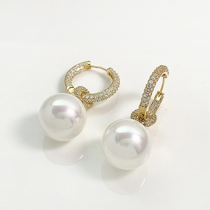 1 paire de boucles d'oreilles rétro en cuivre et Zircon, incrustation de couleur unie, Imitation de perles