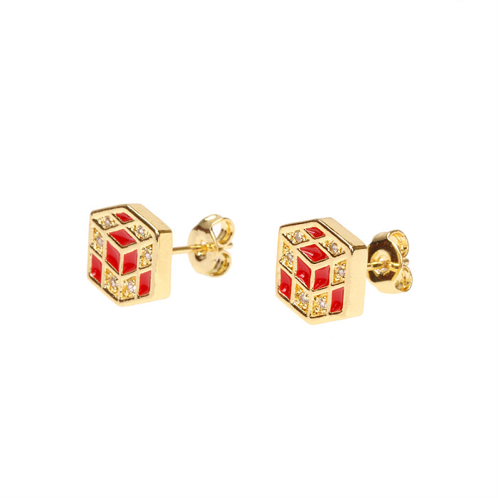 Style Simple Rubik'S Cube cuivre émail placage incrustation Zircon plaqué or 18 carats anneaux boucles d'oreilles collier