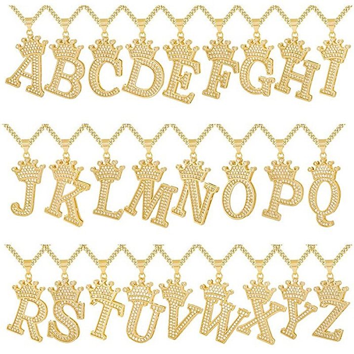 Hip-Hop Letter Crown Stainless Steel Copper Inlay Zircon Pendant Necklace 1 Piece