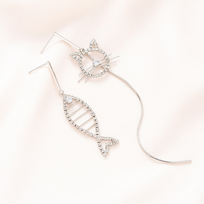 Boucles d'oreilles asymétriques Glam Simple, 1 paire, incrustation de placage d'animaux, cuivre, Zircon, argent plaqué