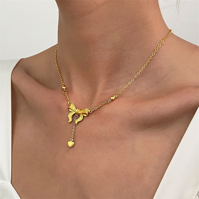 IG Style Princess Heart Shape Bow Knot Copper Plating 18K Gold Plated Pendant Necklace