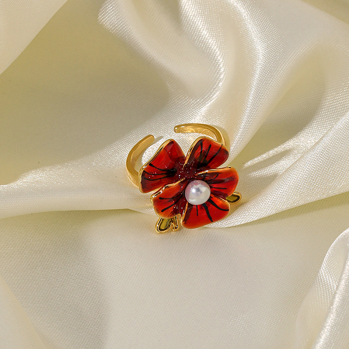 Anéis abertos banhados a ouro 18K com revestimento de cobre de flor clássica