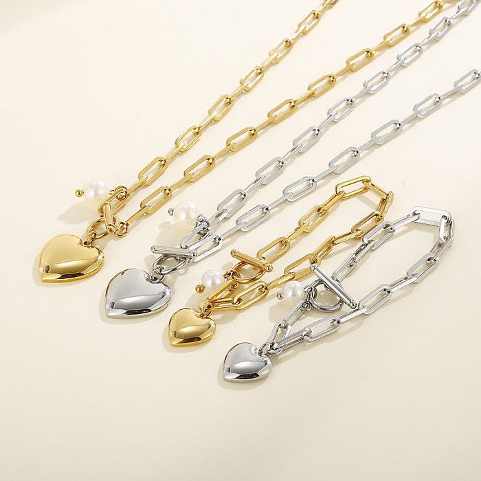 Fashion Stainless Steel Peach Heart OT Buckle Necklace Bracelet Set Wholesale jewelry