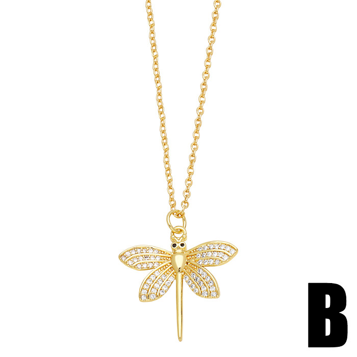Japanese Style Dragonfly Copper Plating Inlay Zircon 18K Gold Plated Pendant Necklace