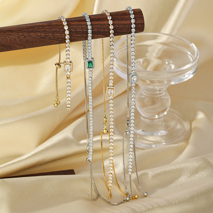 Glam Shiny Rectangle Copper Plating Inlay Zircon 14K Gold Plated Bracelets Necklace