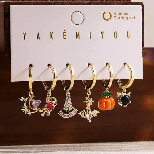 Funny Pumpkin Bat Copper Enamel Inlay Zircon 14K Gold Plated Drop Earrings