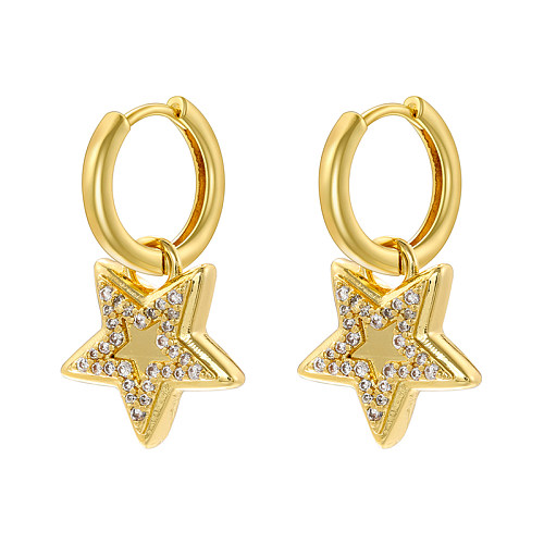1 paire de boucles d'oreilles pentagramme en forme de cœur, Style IG décontracté et moderne, incrustation de cuivre et de Zircon plaqué or 18 carats