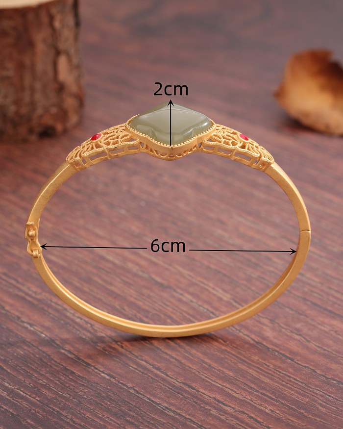 Chinoiserie Classical Geometric Copper Hollow Out Inlay Artificial Gemstones 18K Gold Plated Bangle