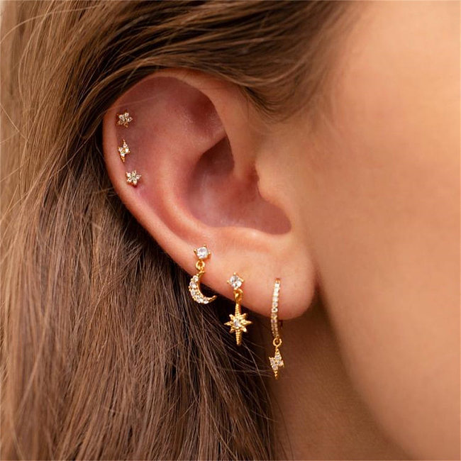 6 Stück modische Ohrringe mit Stern- und Mondblitz-Verkupferung und Zirkon