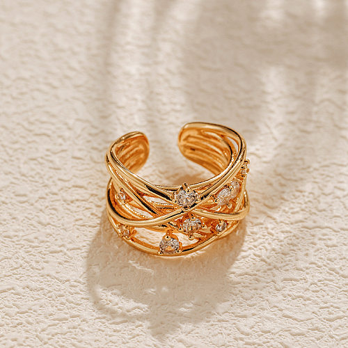 Schlichter Stil, runde offene Ringe mit Kupferbeschichtung, Inlay, Zirkon, vergoldet