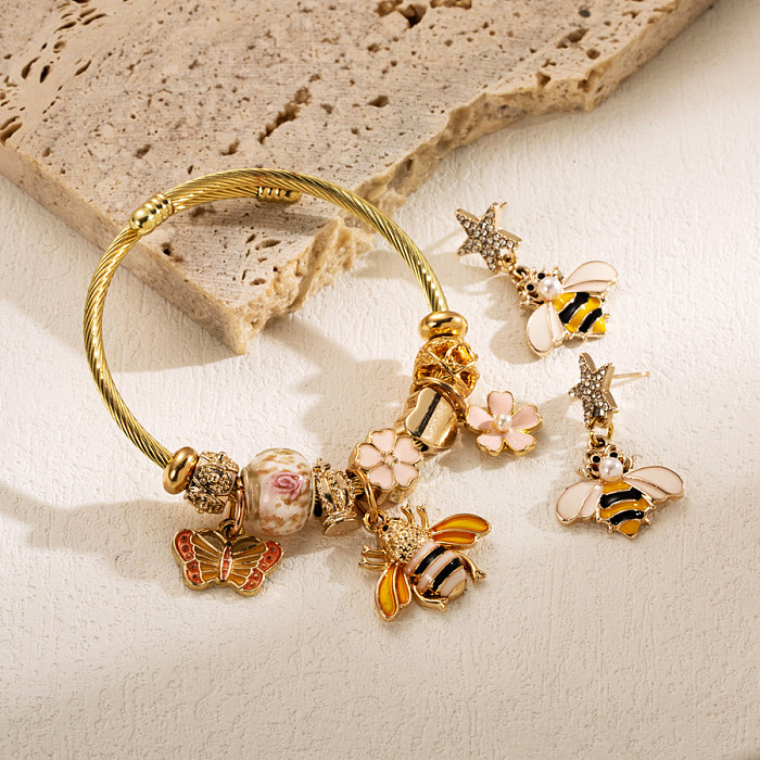 Doux œil du diable en forme de cœur abeille, incrustation en alliage d'acier inoxydable, perles artificielles en Zircon, Bracelets et boucles d'oreilles pour femmes