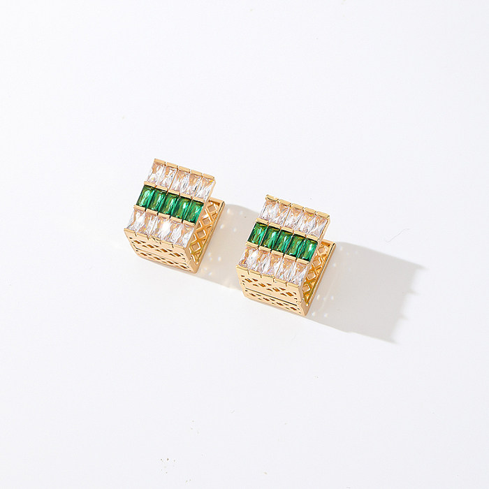 1 par de pendientes de circonita de cobre con incrustaciones cuadradas brillantes y dulces informales